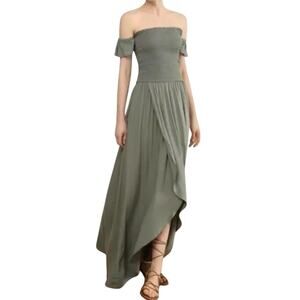 YFB Women´s Frida Green Front Wrap Smocked off Shoulder Maxi Dress M